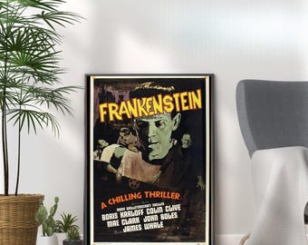 May include: A vintage movie poster for the film "Frankenstein" featuring a close-up of Boris Karloff as the monster. The poster is black and white with yellow text and features the tagline "A Chilling Thriller".
