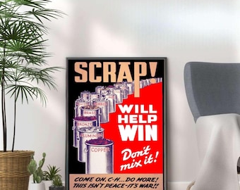 Può includere: Un poster vintage della Seconda Guerra Mondiale che incoraggia le persone a donare rottami. Il poster presenta uno sfondo rosso con il testo "SCRAP! WILL HELP WIN Don't mix it! COME ON. C-H... DO MORE! THIS ISN'T PEACE-IT'S WAR!!" e uno sfondo nero con una fila di contenitori metallici etichettati con diversi tipi di rottami, tra cui "BRASS", "BRONZE", "ALUMINUM" e "COPPER".