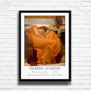 May include: A painting of a woman in a flowing orange dress, sleeping on a couch. The painting is titled "Flaming June" by Frederic Leighton, 1895. It is located at the Museo de Arte de Ponce, Puerto Rico.