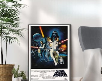 May include: A vintage Star Wars movie poster featuring a dark blue background with a space scene. The poster features the main characters from the movie, including Luke Skywalker, Princess Leia, Han Solo, Chewbacca, Darth Vader, and R2-D2. The poster has the title "Star Wars" in yellow letters with a black outline.