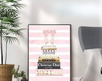 Mode gestapelde boeken print, designer merken muurkunst, luxe woondecoratie (A3, A4, A5)