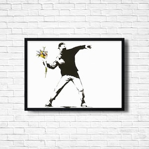 Impressão de Banksy The Flower Thrower, arte de parede de graffiti, arte de rua urbana, impressão de pôster em tela, papel fotográfico texturizado de belas artes, opções de moldura