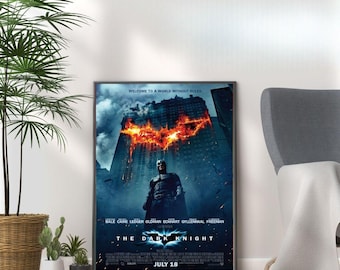 May include: Movie poster for The Dark Knight, featuring a dark blue background with a burning cityscape and Batman standing in front of it. The text "Welcome to a world without rules" is at the top, and the cast list is below Batman. The release date, "July 18", is at the bottom.