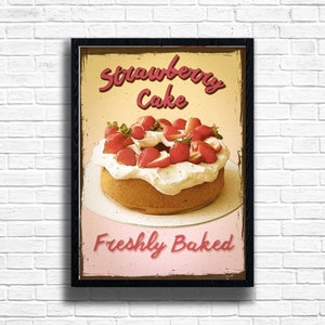 Strawberry Cake Art Print: Retro Kitchen Wall Decor