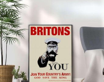 WWII Propaganda Poster Print: Britons Join Your Army, Retro Wall Art