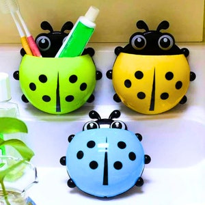 Ladybug Toothbrush Holder 2 Pack - Adorable Cartoon, Wall-Mounted Suction Cups for Toothbrushes and Toothpaste, Bathroom Organizer