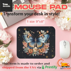 Rectangle Mouse Pad, Floral Celestial Moth Desk Mat - Moon & Stars, Aesthetic Office and Gaming Pad, Cottagecore Nature Lover Gift, Boho