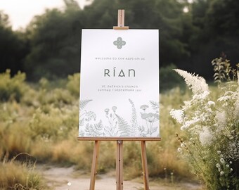 Christening Welcome Sign, Personalised, Wildflower Border, Celtic Cross