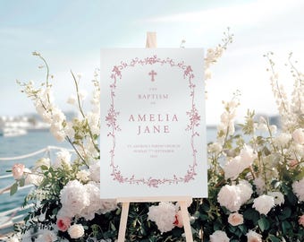 Christening Welcome Sign, Personalised, Floral Frame