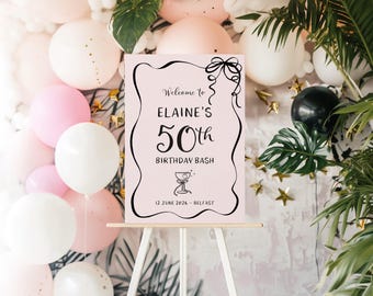 Welcome Sign For Birthday Party, Personalised, Whimsical Hand-drawn Cocktail Design