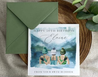Birthday Card: Wild Swimming Theme, Cold Water Swimming, Lake, Sea, Female Friends - Personalised