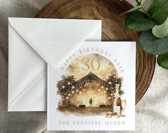 Birthday Card: Boho Music Festival Theme with Champagne - Personalised