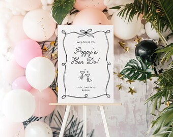 Hen Party Welcome Sign, Personalised,  Whimsical Hand-drawn Cocktail Design