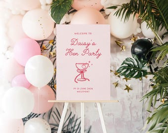 Hen Party Welcome Sign, Personalised, Whimsical Hand-drawn Cocktail Design