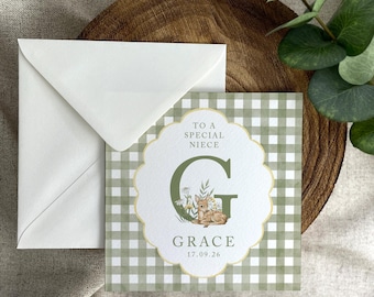 Baby Card Personalised: Forest Animals, Gingham Pattern, Congratulations New Baby