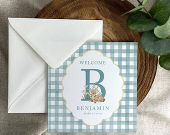 Baby Card Personalised: Forest Animals, Gingham Pattern, Congratulations (Square Folding Card)
