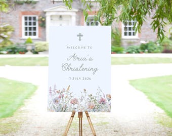Christening Welcome Sign, Personalised, Delicate Wildflower Border