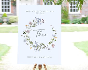 Christening Welcome Sign, Personalised, Delicate Floral Wreath