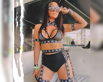 Rhinestone Rave Outfit: Elastic Harness, Fishnet Top, Skirt & Gloves