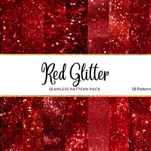 Puede incluir: Una colección de 18 patrones de purpurina roja sin costuras. Los patrones varían en textura y brillo, con una gama de tonos rojos. Las palabras "Red Glitter" y "Seamless Pattern Pack" se muestran en una pancarta blanca.