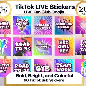 Peut inclure: Un ensemble de 20 autocollants TikTok LIVE avec des emojis. Les autocollants présentent des phrases telles que "Hi New Bestie!", "Scoop Me Up!" et "Crushing Goals" dans des polices audacieuses et colorées. Le thème général est vif et vibrant.