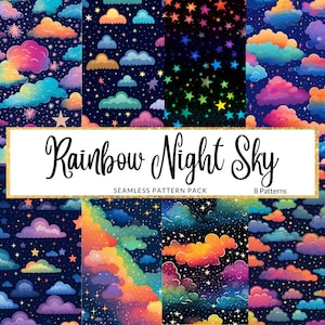 8 Rainbow Night Sky digitale papieren, naadloze patronen, regenboogwolken, regenboogsterren, kleurrijke lucht. Directe download. Commerciële rechten