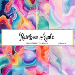 May include: A set of 12 seamless patterns with a rainbow agate design. The patterns showcase vibrant colours such as pink, blue, purple, and orange, with a watercolour effect. The text "Rainbow Agate" and "Seamless Pattern Pack" are displayed.