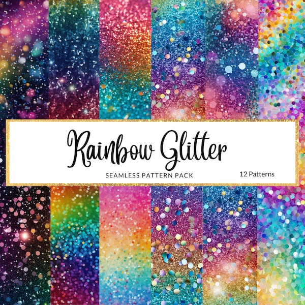 12 Rainbow Glitter digital papers - seamless digital rainbow glitter patterns, instant digital download commercial rights, colorful sparkle