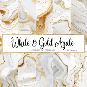 10 White & Gold Agate Digital Papers, digitale nahtlose Muster. Marmor Swirl, Goldfolierung. Sofortiger Download. Gewerbliche Rechte. Sammelalbum