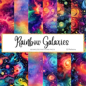 May include: A digital download of 12 seamless patterns featuring colorful, swirling galaxies. The patterns are perfect for creating backgrounds, fabric designs, and more. "Rainbow Galaxies Seamless Pattern Pack" is written in gold lettering on a white banner.