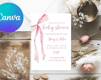 Editable Pink Bow Baby Shower Invitation | Minimalist Baby Shower | Pink Watercolor Ribbon | Blush Pink Shower Invite | Instant Digital