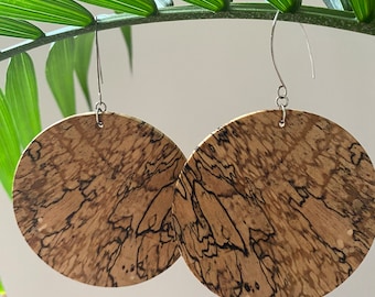 Large Round Spalted Maple Wood Earrings w/ Argentium Silver French Hooks