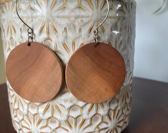 Round Cherry Wood Earrings w/ Argentium Silver French Hooks