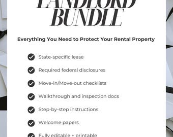 May include: White graphic with the text "OHIO LANDLORD BUNDLE" and a list of features, including state-specific leases and move-in checklists. The text "Everything You Need to Protect Your Rental Property" is also visible.