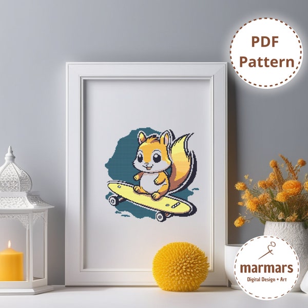 Embroider squirrels | Skating Squirrel | Digital cross stitch embroidery template to embroider yourself | Instant Download |PDF Format