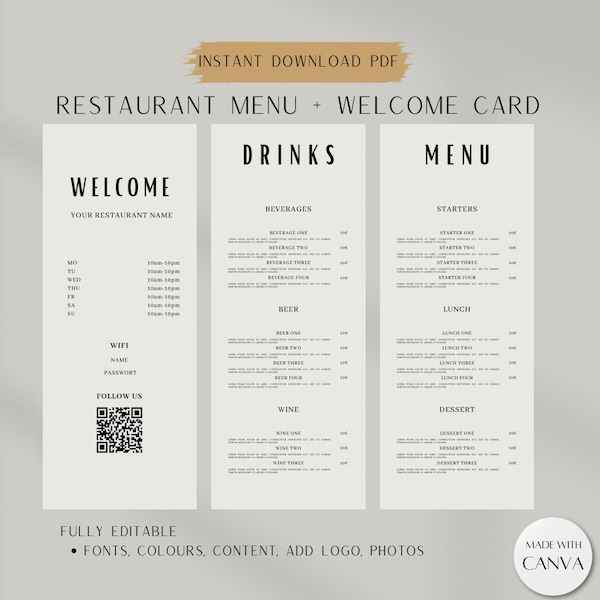 Restaurant-Menü, Karte, Welcome-Card, Wilkommenskarte, Café, Bar, Menü, klassische Speisekarte