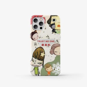 May include: A white iPhone case with a colorful cartoon design. The case features a variety of characters with different expressions and a black cat. The text "TRUST NO ONE" is written in red on the case.
