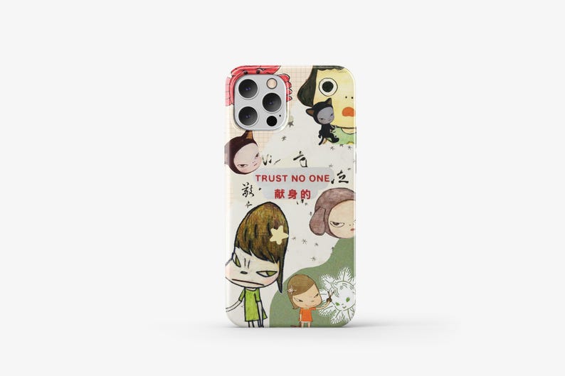 May include: A white iPhone case with a colorful cartoon design. The case features a variety of characters with different expressions and a black cat. The text "TRUST NO ONE" is written in red on the case.
