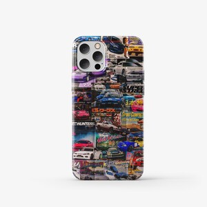 May include: A colorful phone case with a collage of images of cars, including a blue car with the text "G-FORCE" and a white car with the text "SPRINT COMPACT".