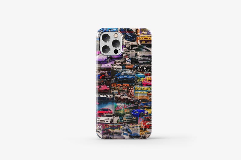 May include: A colorful phone case with a collage of images of cars, including a blue car with the text "G-FORCE" and a white car with the text "SPRINT COMPACT".