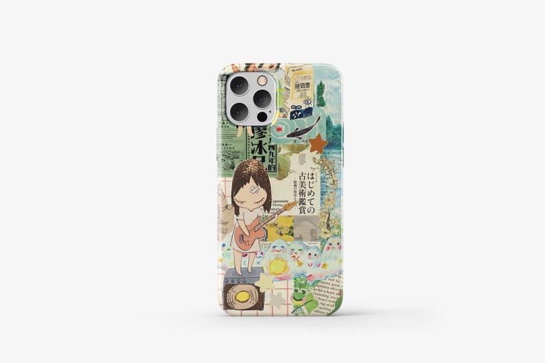 May include: A phone case with a collage design featuring a girl playing a guitar, clouds, stars, and Japanese text. The text reads "はばたきの夢の" which translates to "Dreams of taking flight".