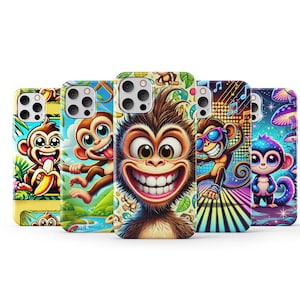 May include: Set of six colourful phone cases featuring cartoon monkeys with different expressions and designs. The cases are all for iPhone models with a camera bump.