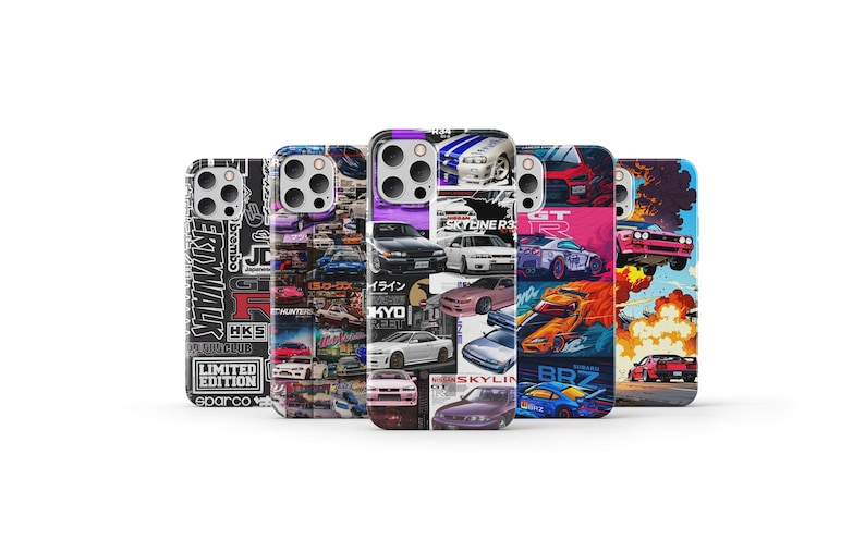 May include: A set of ten colorful phone cases featuring a collage of Japanese car culture imagery, including cars, logos, and text. The cases are all different designs, but they all have a similar theme of Japanese car culture.