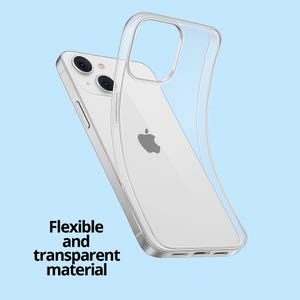 May include: Clear, flexible phone case with a transparent design. The case is shown on a white phone with a silver Apple logo. The text "Flexible and transparent material" is displayed on the bottom left.