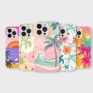 May include: A collection of five phone cases with tropical beach designs. Each case features vibrant illustrations of palm trees, waves, sunsets, and flowers in various color schemes, including pink, orange, and teal. The cases are arranged in a row.