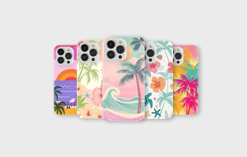 May include: A collection of five phone cases with tropical beach designs. Each case features vibrant illustrations of palm trees, waves, sunsets, and flowers in various color schemes, including pink, orange, and teal. The cases are arranged in a row.