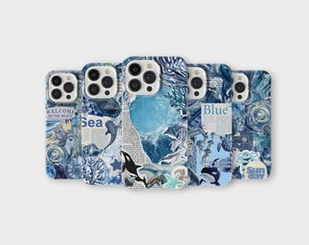 Ocean Aesthetic Phone Case Blue Sea Life Collage Cover for iPhone 16 Pro Max 15 14 13 12 11 X 8 7 6 Plus Samsung S25 Ultra S24 S23 S22 S21