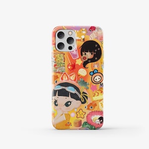 May include: A colourful phone case featuring a range of cartoon characters and designs, including a girl with a blue headband, a cat, and a fish. The case is mainly yellow and orange with pink, blue, and green accents.