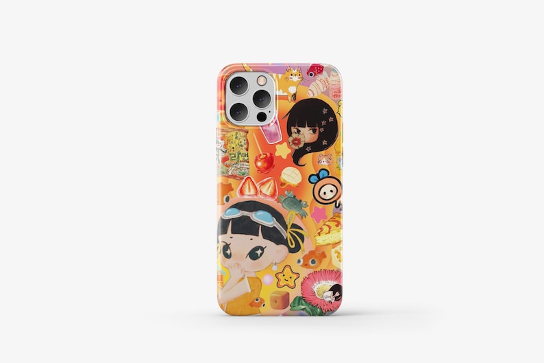May include: A colourful phone case featuring a range of cartoon characters and designs, including a girl with a blue headband, a cat, and a fish. The case is mainly yellow and orange with pink, blue, and green accents.