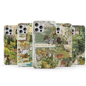 May include: Five different phone cases with a collage of vintage illustrations and text. The cases feature a green, brown, and white color scheme with images of frogs, mushrooms, and nature scenes. The text on the cases includes "The Garden" and "Today I will take the day off".